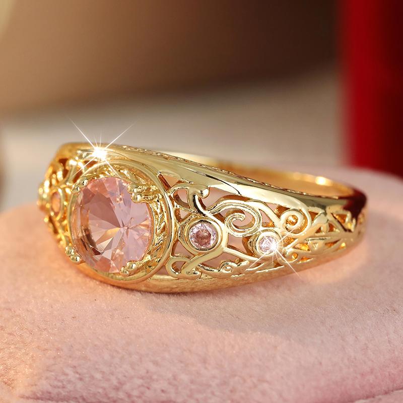 Vintage Inlaid Pink CZ Women's Ring Ethnic Gold Color Hand Carving Daily Wear Party Jewelry Anniversary Gift