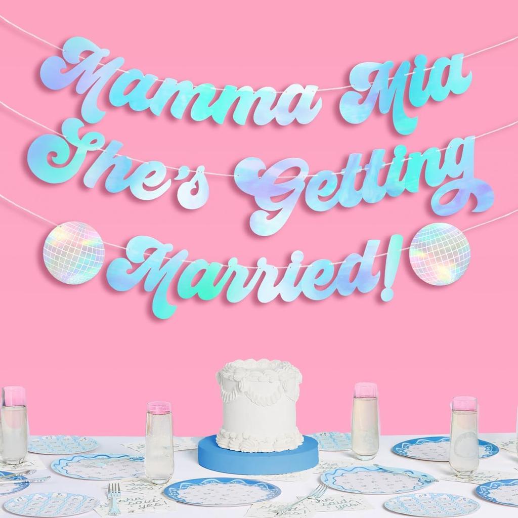 xo, Fetti Mamma Mia She's Getting Married Banner - Blue Iridescent Foil, 5 Ft. | Disco Bachelorette Decorations, 70s Backdrop, Groovy Bach Party,