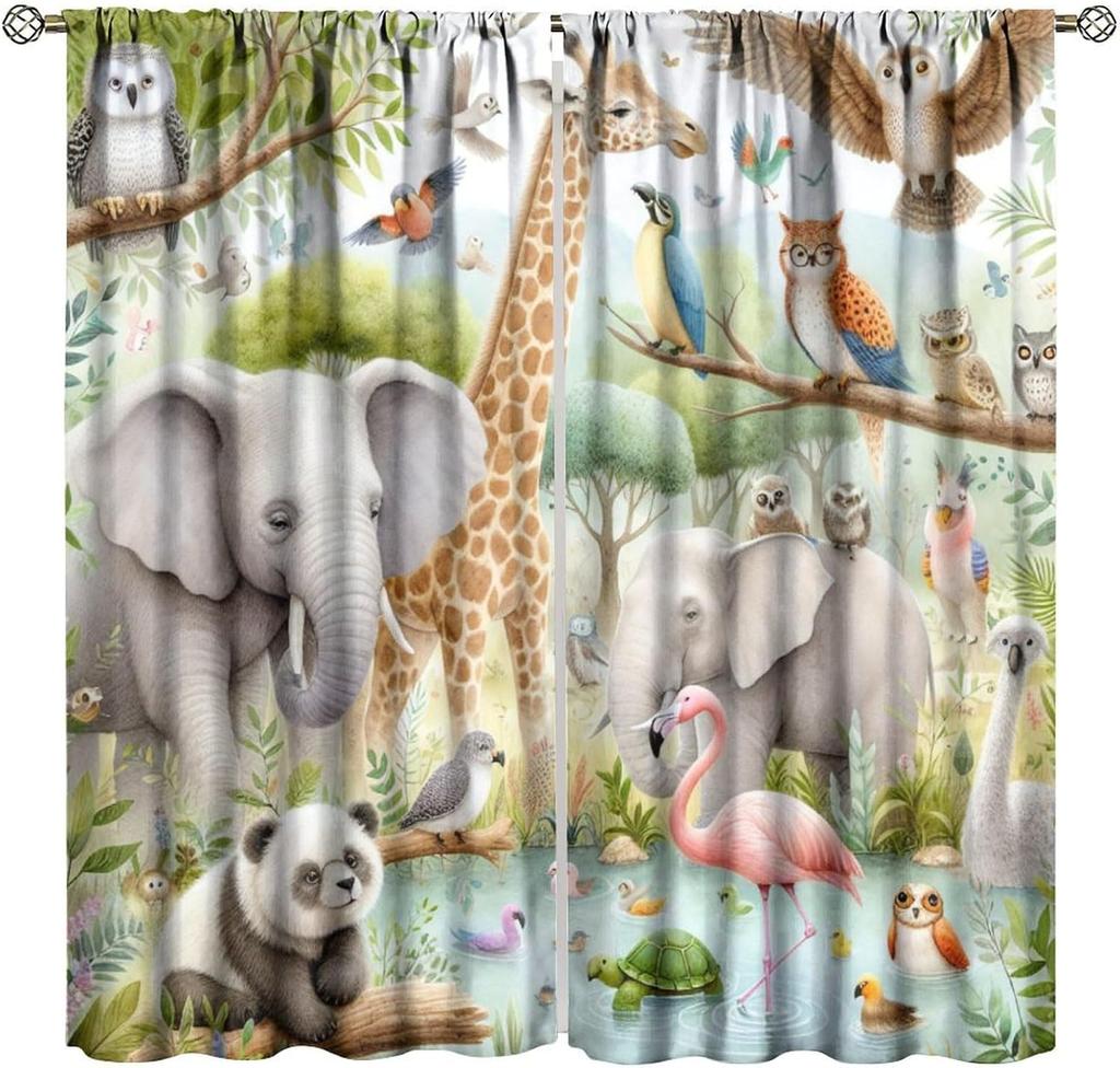 Animals Window Curtain Cartoon Jungle Forest Elephant Lion Print Curta For Kids Boys Girls Nursery Baby Bedroom Playroom Home