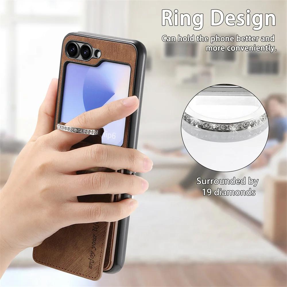 Retro Leather Wallet Phone Case with Ring Bracket for Samsung Galaxy Z Flip 7 Fe 6 5 4 3 Flip6 Flip5 Flip4 5G Cover Card Holder