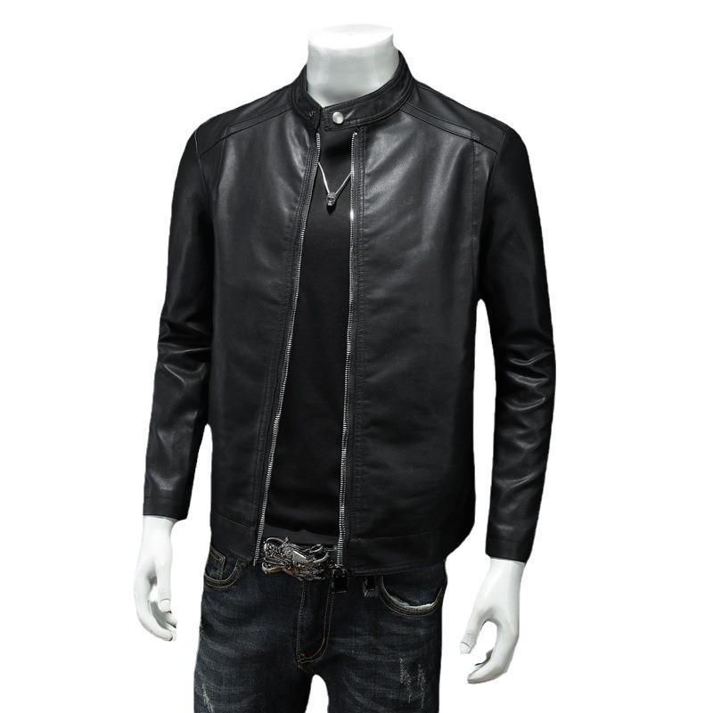 Spring Autumn PU Leather Jacket Men Stand Collar Slim Pu Leather Jacket Fashion Motorcycle Casual Coat Men's Moto Biker Coat Plus Size