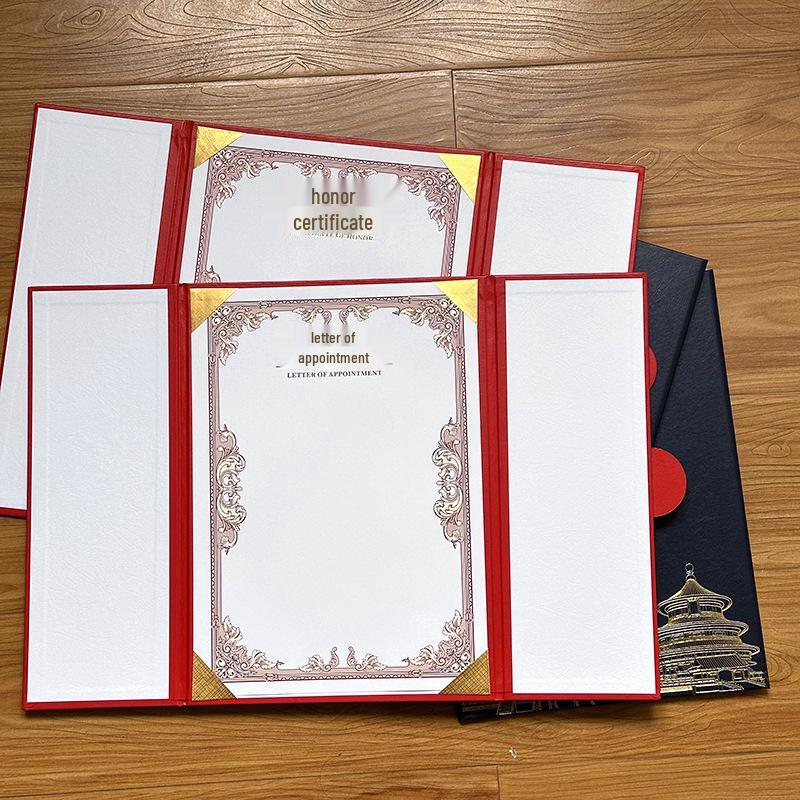 Chinese Style Faux Leather A4 Tri-fold Certificate Envelope: Customizable Graduation, Award, and Appointment Holder with Logo Printing
