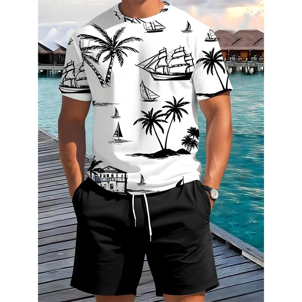 Summer Men's Short Sleeve Palm Tree Print Two Piece Drawstring Shorts Set Fashion Men's Vacation Beach Casual Suit