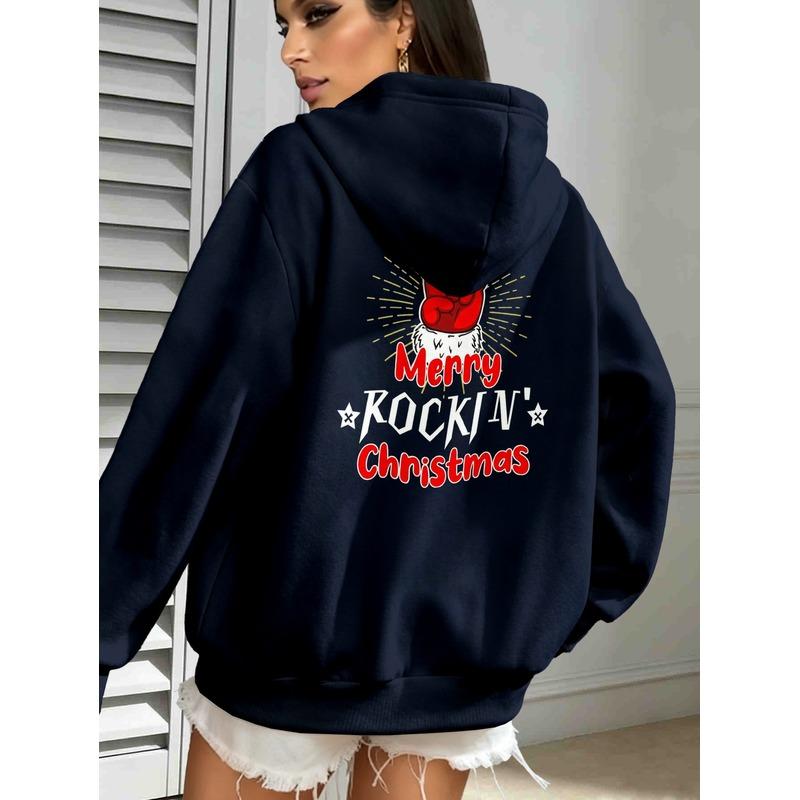 Cool Rock Santa Claus Horn Pattern Hoodie Merry Christmas women's printed sweatshirt
