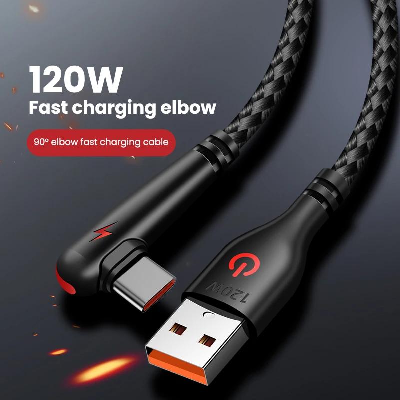 120W USB'den Type C Kablosuna 90 Derece Dirsek Cep Telefonu Hızlı Şarj Xiaomi Redmi Huawei Mate 40 30 Telefon Şarj Kablosu