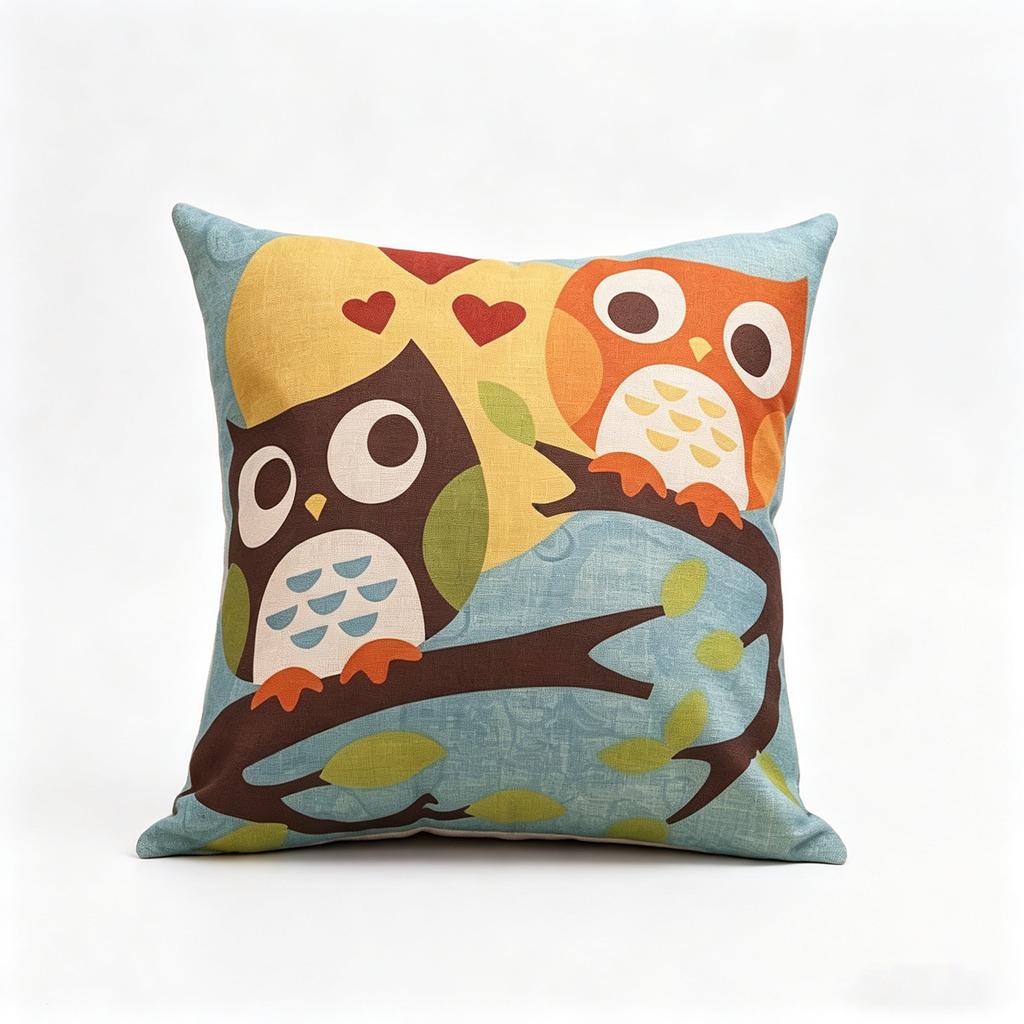 Cute Owl Couple Throw Pillow Cover, Cartoon Animal Linen Cushion Cover for Kids Room & Romantic Home Decor