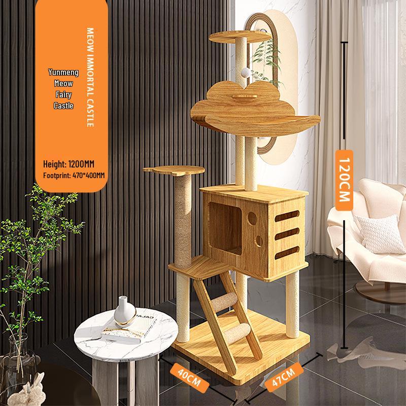 Solid Wood Multi-Layer Cat Condo with High Jump Platform & Sisal.