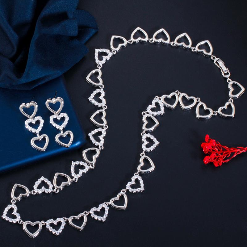 CMM Romantic Heart Shape Link Cubic Zirconia White Gold Color Choker Necklace Earrings Sets