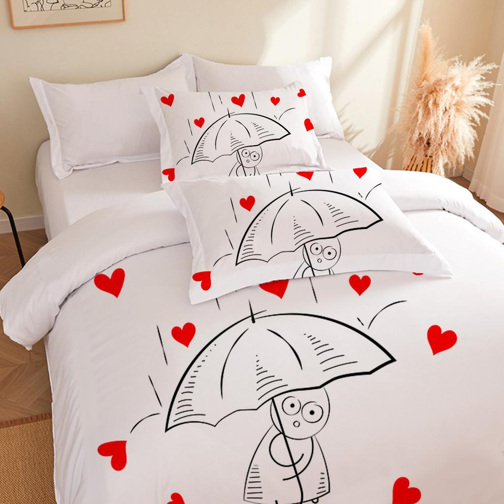 Home Textiles Three-Piece Valentine'S Day Simple Cartoon Digital Printing Quilt Pillowcase Bedding
