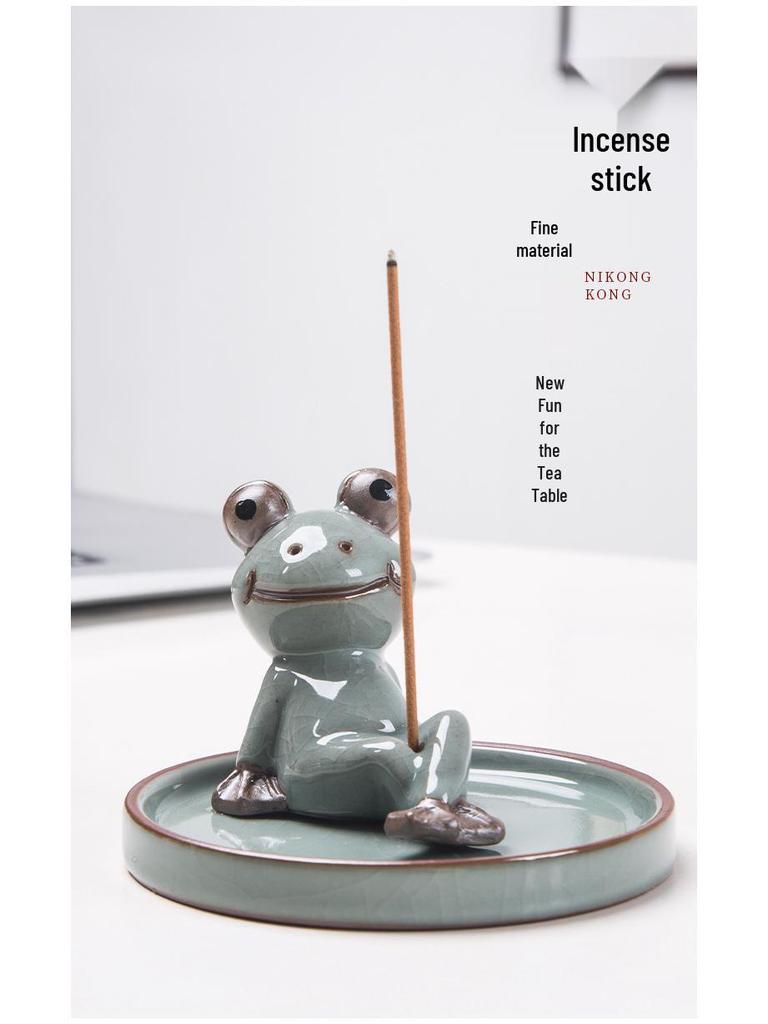 Zen Frog Ceramic Incense Burner and Holder - Ge Kiln Style for Home or Office Decor