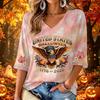 Women's Stylish V-Neck Halloween Print Three-Quarter Sleeve Casual Top for Party