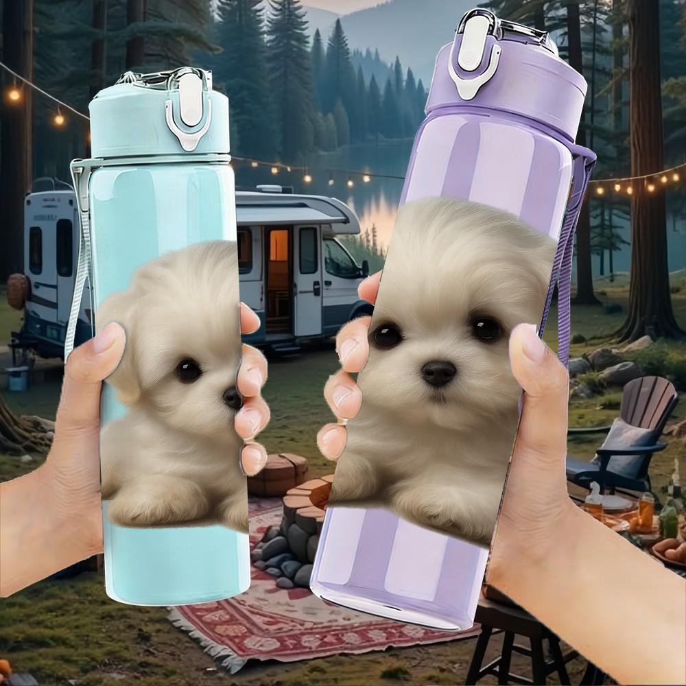 1PC Cute Fluffy White Puppy 750ml Color Plastic Sports Water Bottle Leakproof Flip Straw Lid Suitable for Sports Office Home Use
