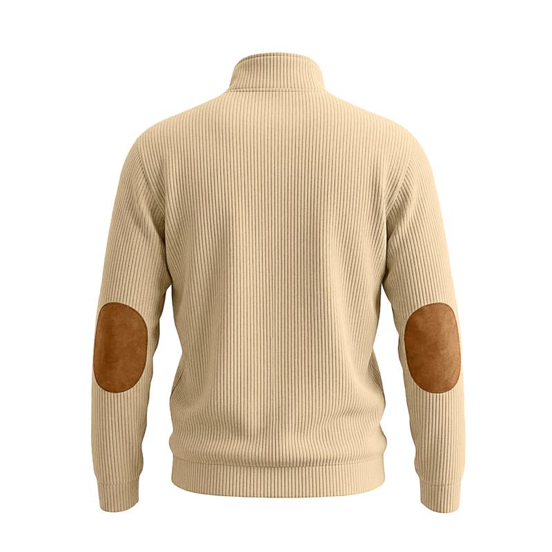 Herbst Winter Herren Color Block Sweatshirt Vertikal Rippstrick Halber Reißverschluss Stehkragen Pullover Wildlederflicken Schulter Ellbogen Vintage Lässig Langarm Oberteile