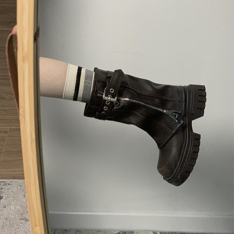 Kobieca Klamra Paska Damskie Modne Botki z Bocznym Zamkiem Błyskawicznym Damskie Nowoczesne Botki Okrągły Nosek Do Połowy Łydki Zapatos