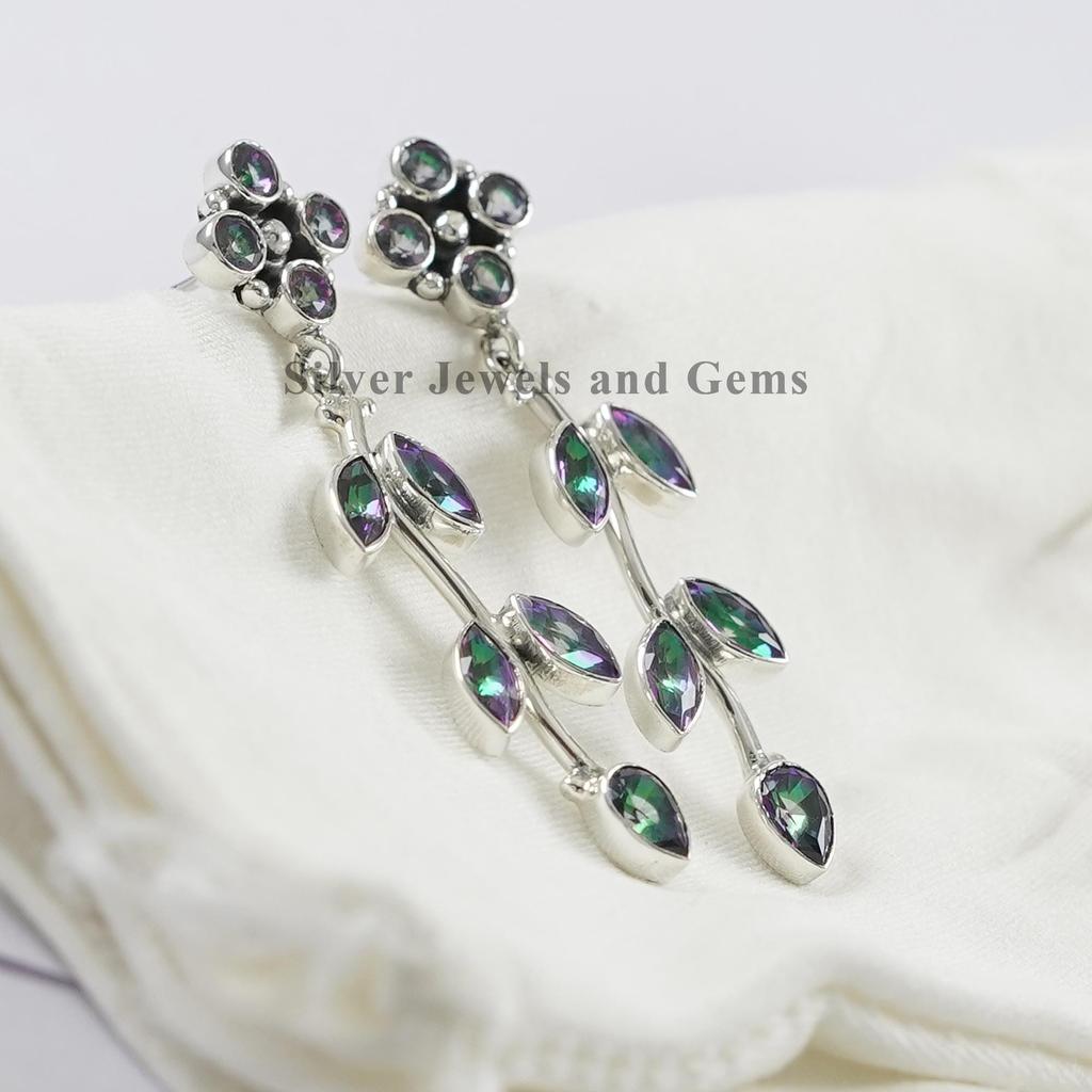 Mystic Topaz 925 Sterling Silver Dangle Stud Earrings, Handmade Floral Vine Design