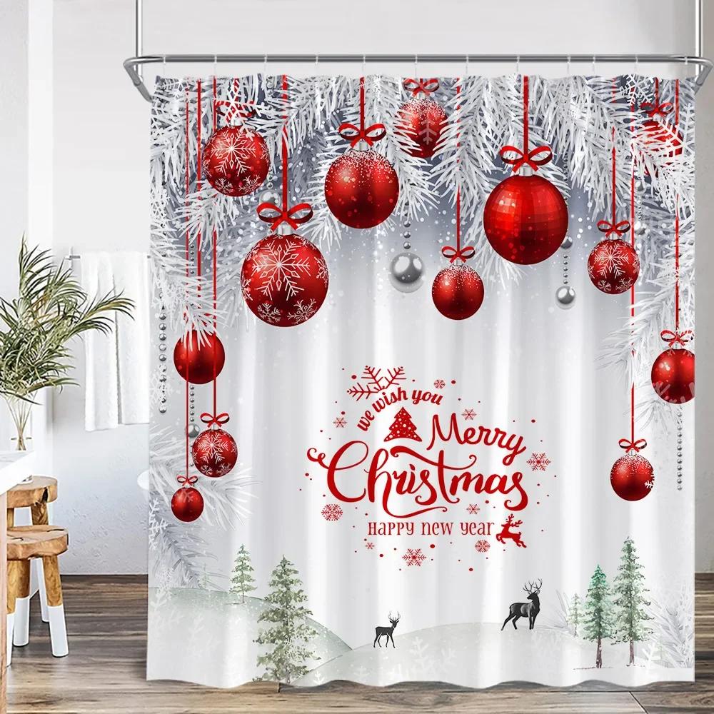 Chritsmas Shower Curtain Red Silvery Ball Xmas Balls Snowflake Pine Leaves Merry Christmas Winter Polyestert Bath Curtain Decor