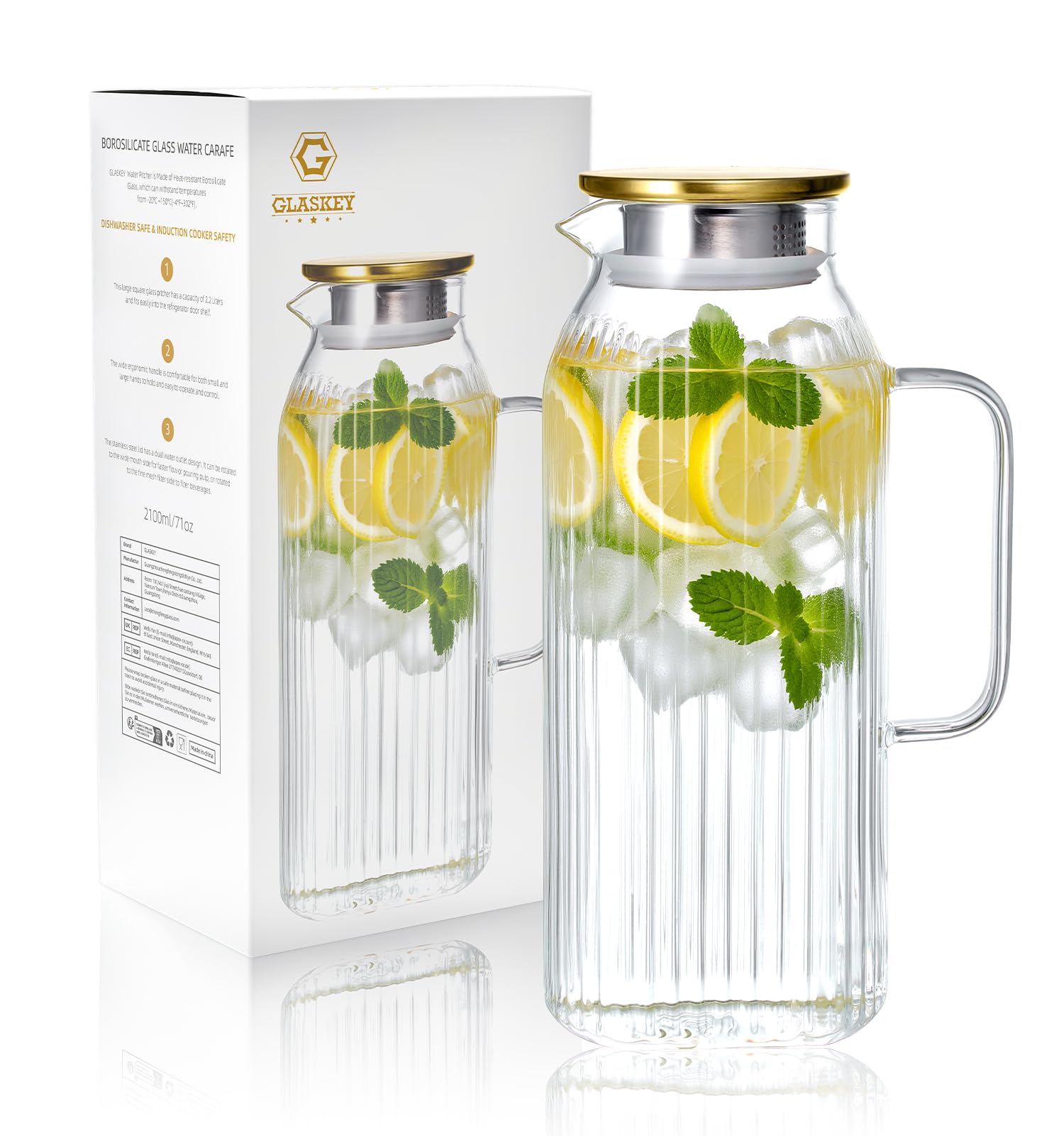 

GLASKEY Квадратный стеклянный кувшин с классической полоской, кувшин для воды с ручкой для сока, боросиликатная стеклянная графин для горячих и холодных напитков, 2,1 л, крышка,