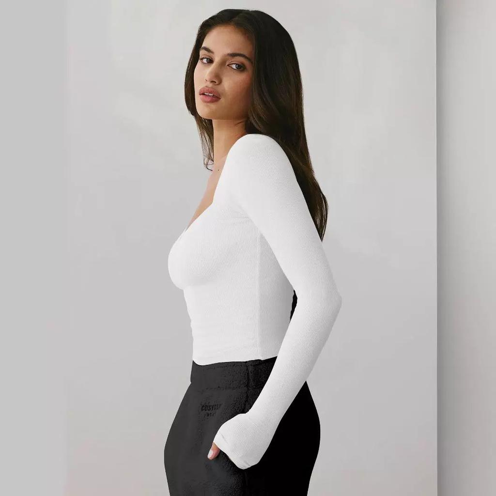 Langarm Unterhemd Mode Slim-fit T-Shirt Eckiger Ausschnitt Sexy Damenoberteil