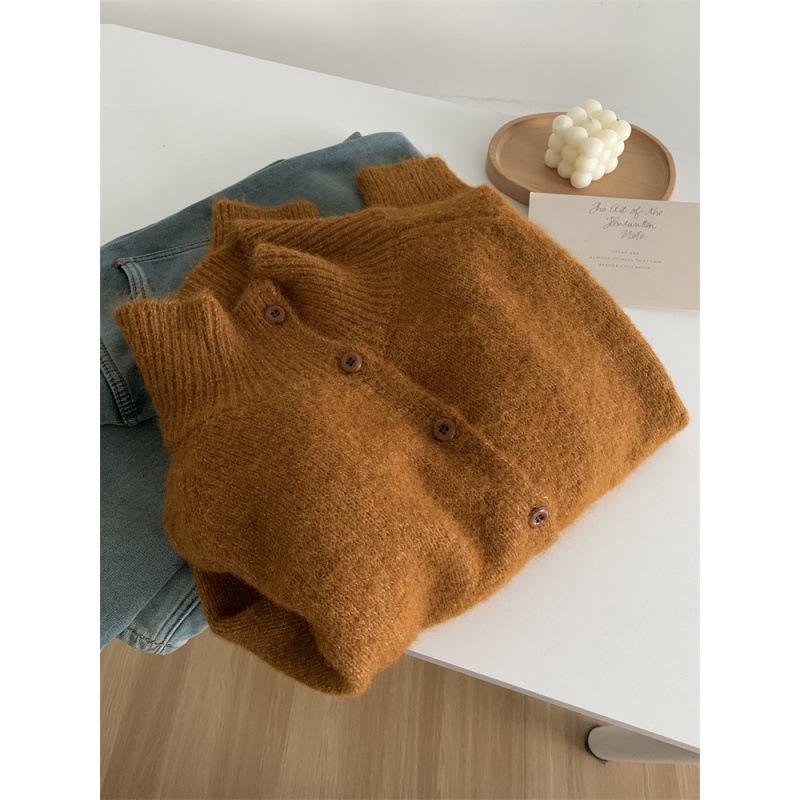 Minimalistischer koreanischer Wollstrick-Cardigan für Damen – Hoher Kragen, Knopfleiste, Weich & Trendig Herbst/Winter Pullover