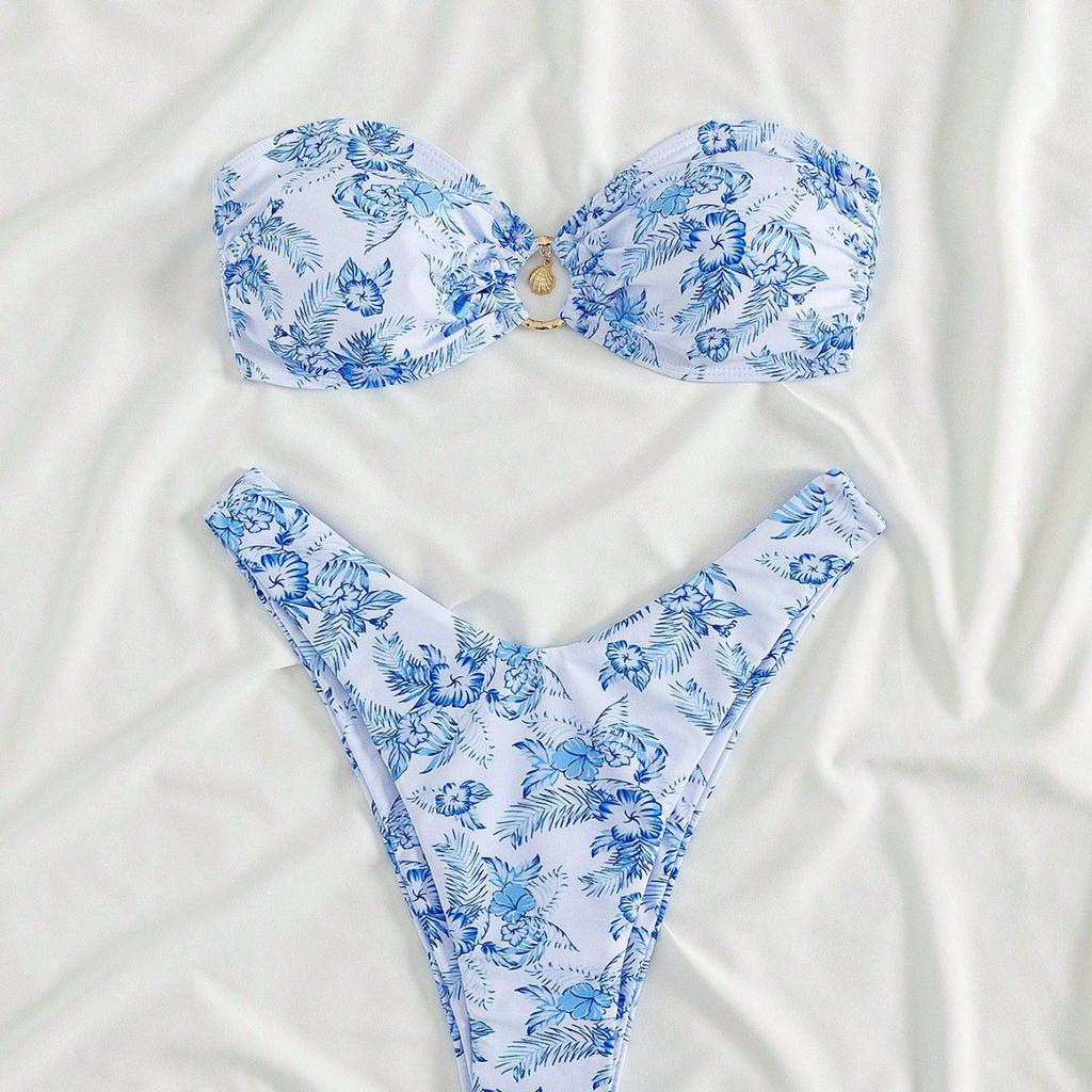 Women's Strapless Printed Bikini Swimsuit with Tie Straps and Ring Detail
