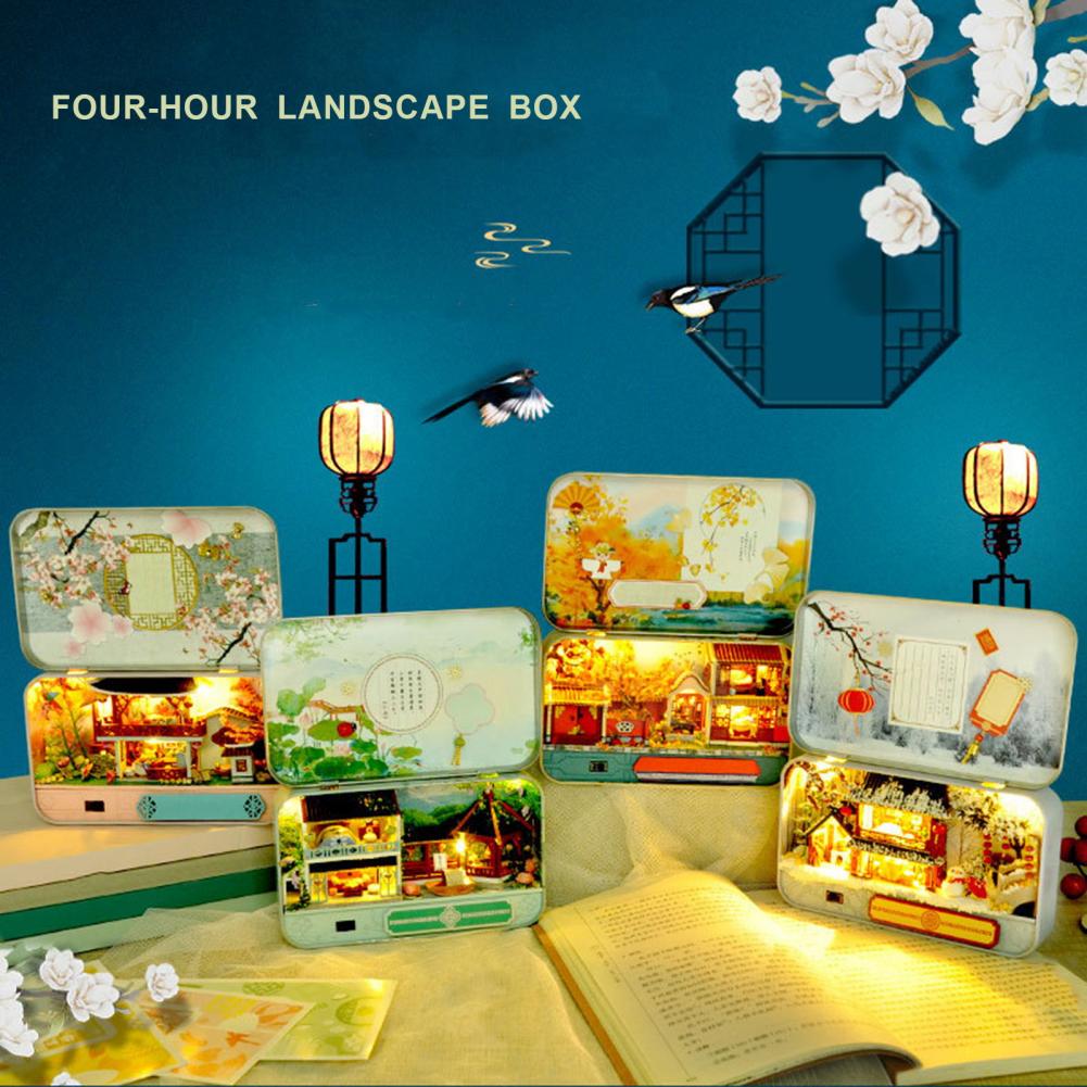 Winter Miniature House Decor Diy Miniature House Kit Seasonal Handmade Miniature House Iron Box Decorations with Led for Diy