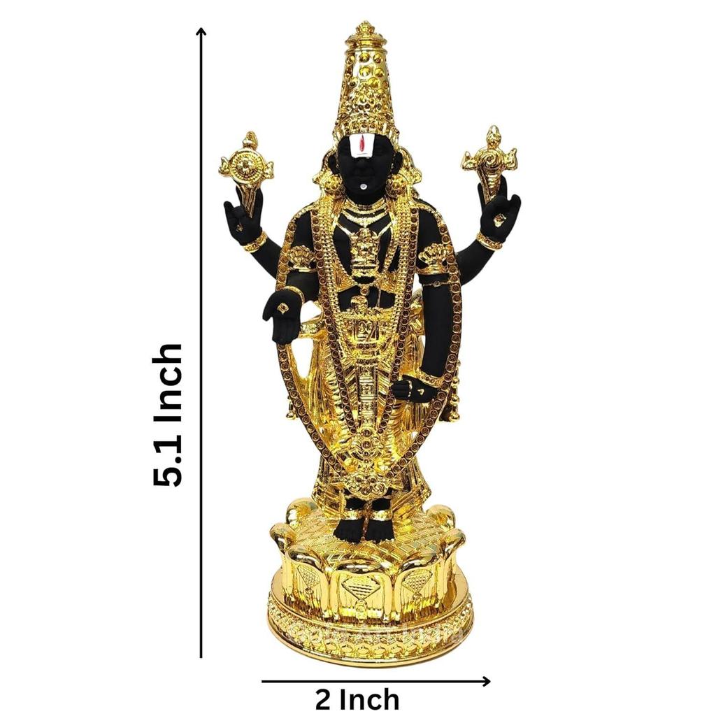 Lord Tirupati Balaji Gold Plated Black Terracotta Idol for Car Dashboard | Vishnu Ji Idol for Office Desk | Venkateswara Swamy Murti for Home |