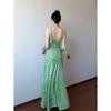 French Polka Dot Streamer Neck Dress Women's Summer Temperament Green Skirt Waist Hip Skirt Vacation Dress