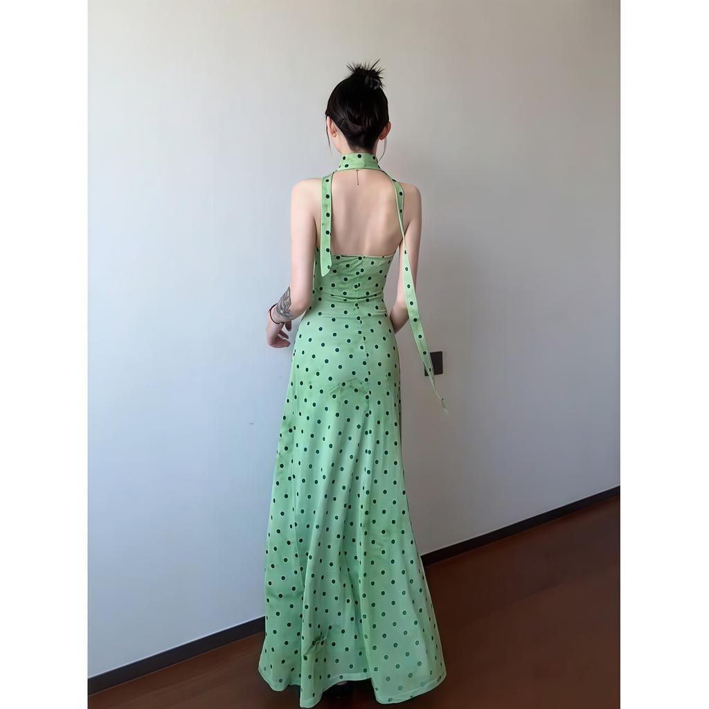 French Polka Dot Streamer Neck Dress Women's Summer Temperament Green Skirt Waist Hip Skirt Vacation Dress
