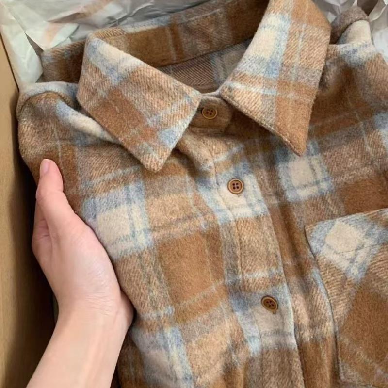 

Женская клетчатая рубашка с декоративными карманами, повседневная, универсальная, с лацканами, с длинным рукавом, осенняя женская блузка на пуговицах, кардиган XXL
