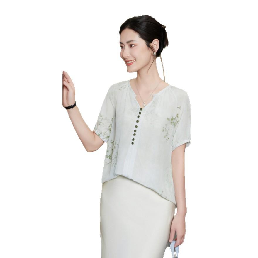 Summer new fashion printed mulberry silk top elegant V-neck silk shirt women
