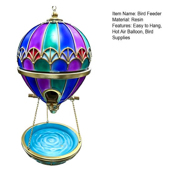 Bird Food Dispenser with Water Basin Hot Air Balloon Feeder, Retro Stained Glass Art Feeder Feeding Station Tray, Hanging Bath for Outdoor Garden