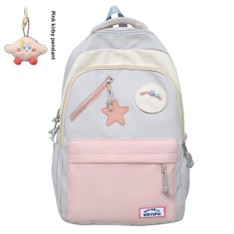 Blocked Cute Color Star Collage Student Backpack And Shoulder Bag With Pendant