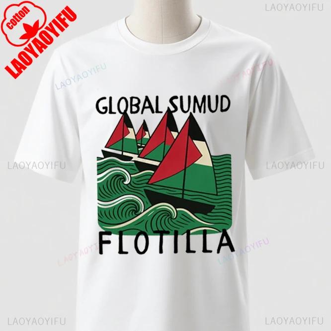Frieden Global Sumud Flotte Unisex Lässiges Bedrucktes T-Shirt Rundhalsausschnitt Kurze Ärmel Baumwolle Oberteil Alle Jahreszeiten Mode Weiches Kurzarml