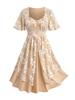 Rosegal Plus Size Floral Lace Panel Gold Line Ruched Layered A Line Dress