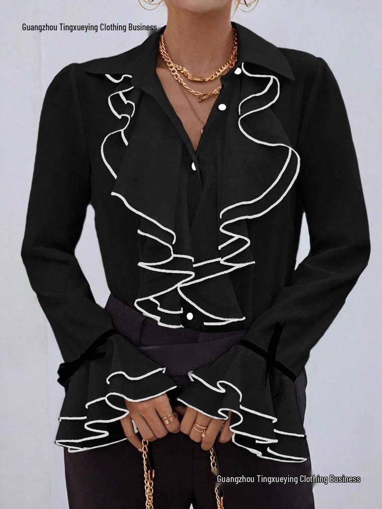 2026 European & American Women's Solid Color Ruffle Flare Sleeve Shirt