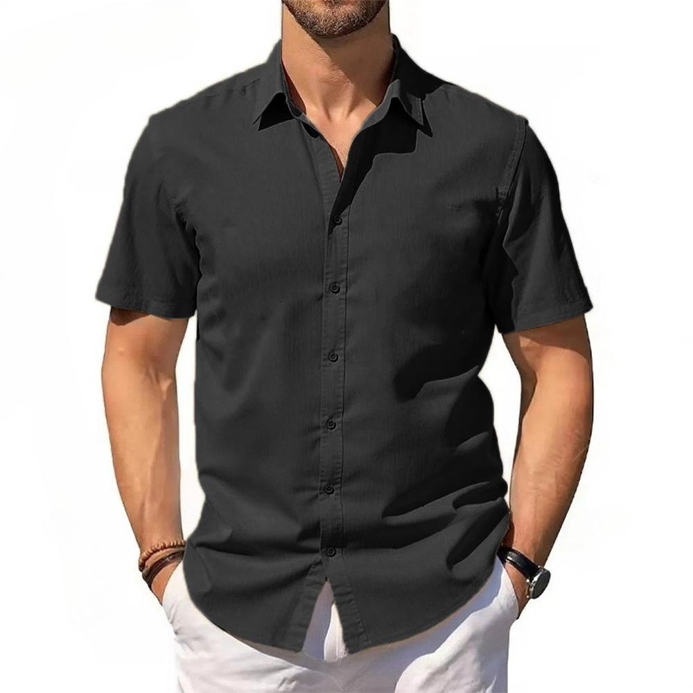 Męskie Bawełniane lniane koszule męskie z krótkim rękawem Lato Jednolity kolor Kołnierzyk wykładany Swobodny styl plażowy Bluzki w dużych rozmiarach