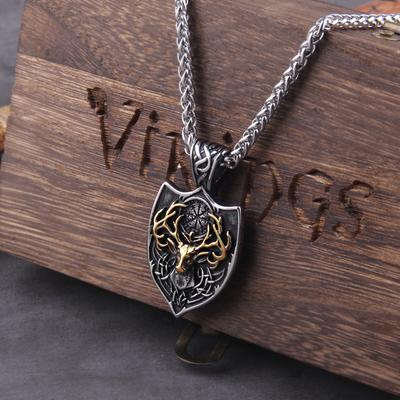 Viking Stainless Steel Deer Head Shield Vegvisir Necklace Mens Odin Pendant Jewelry with Box