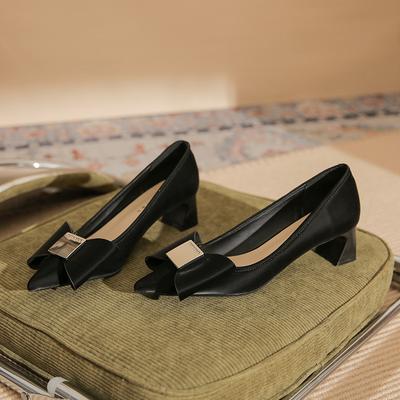 571-1 [sheepskin] High Heels Women's Thick Heels Autumn 2025 New Bow Pointed Temperament Single Shoes