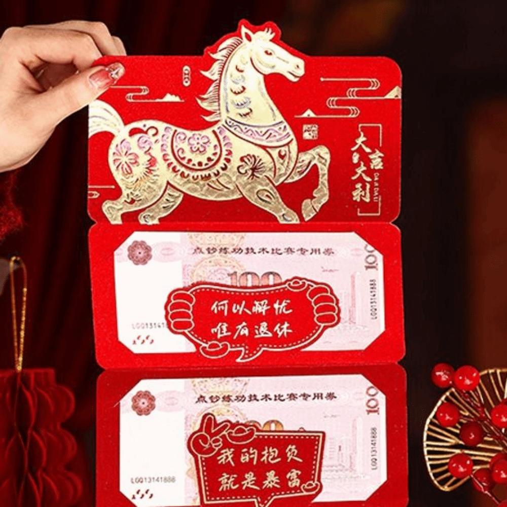 6 Cards Folding Red Envelopes Paper Hongbao New Year Money Envelope Cartoon 2026 Horse Year Red Pockets Chinese New Year