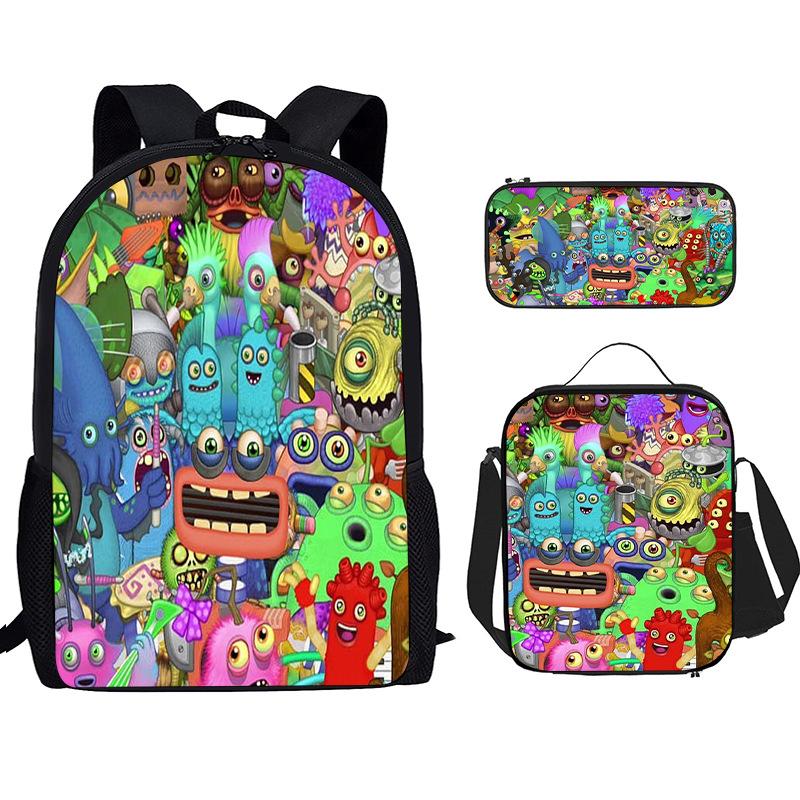 Monster Singer Elementary School Bag Three-Piece Nylon Printed Backpack Breathable Backpack Lightweight