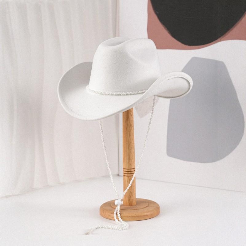 Womens Wool-Blend Western Cowboy Hat With Pearl Beaded Cord High Crown Curved Brim All-Season Fashionable Sun