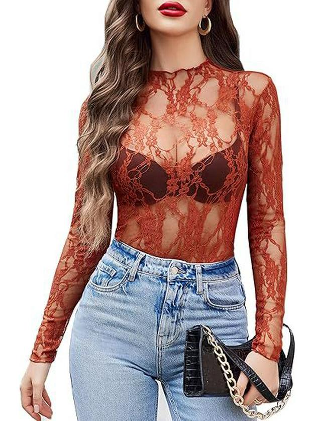 2024 European & American Style Lace Floral See-Through Long-Sleeve Women's Top