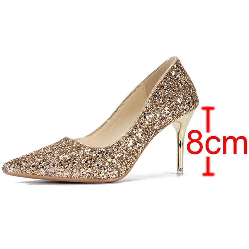 

Модные блестящие туфли-лодочки на тонком каблуке, женские свадебные туфли без застежек, золотистого и серебряного цвета, женские туфли с острым носком, украшенные блестками, на высоком каблуке, праздничные туфли 40
