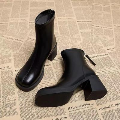 Fashion Black Women's Ankle Boots Fashion Back Zippers Short Square Heel Women Shoes Anti-slip Thick Sole Leisure Daily Commute Boots