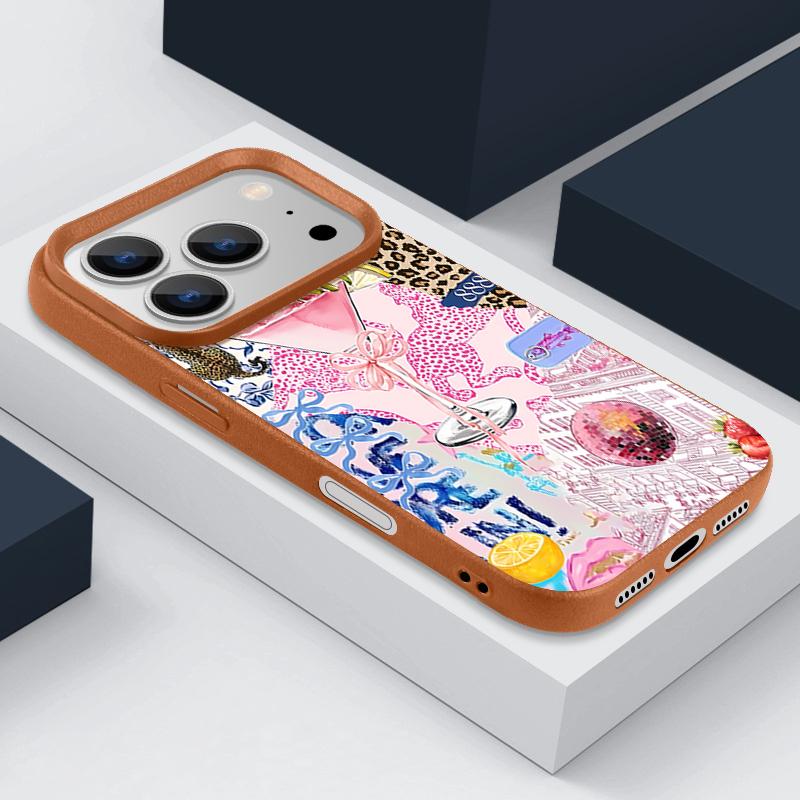 For iPhone 17 Pro Max Case Luxury Pink Goblet Bowknots Disco Ball Pattern Leather Texture Silicone Cover For iPhone 16 Pro Max 15 14 13 12 11 16E Air