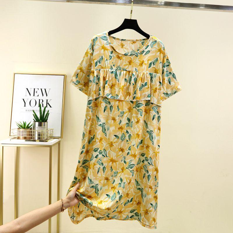 Bourette Short sleeve Dress Women Summer Thin Waist Hugging Home Dress Mid-Length A- line Skirt Artificial Cotton Loose Nightdress