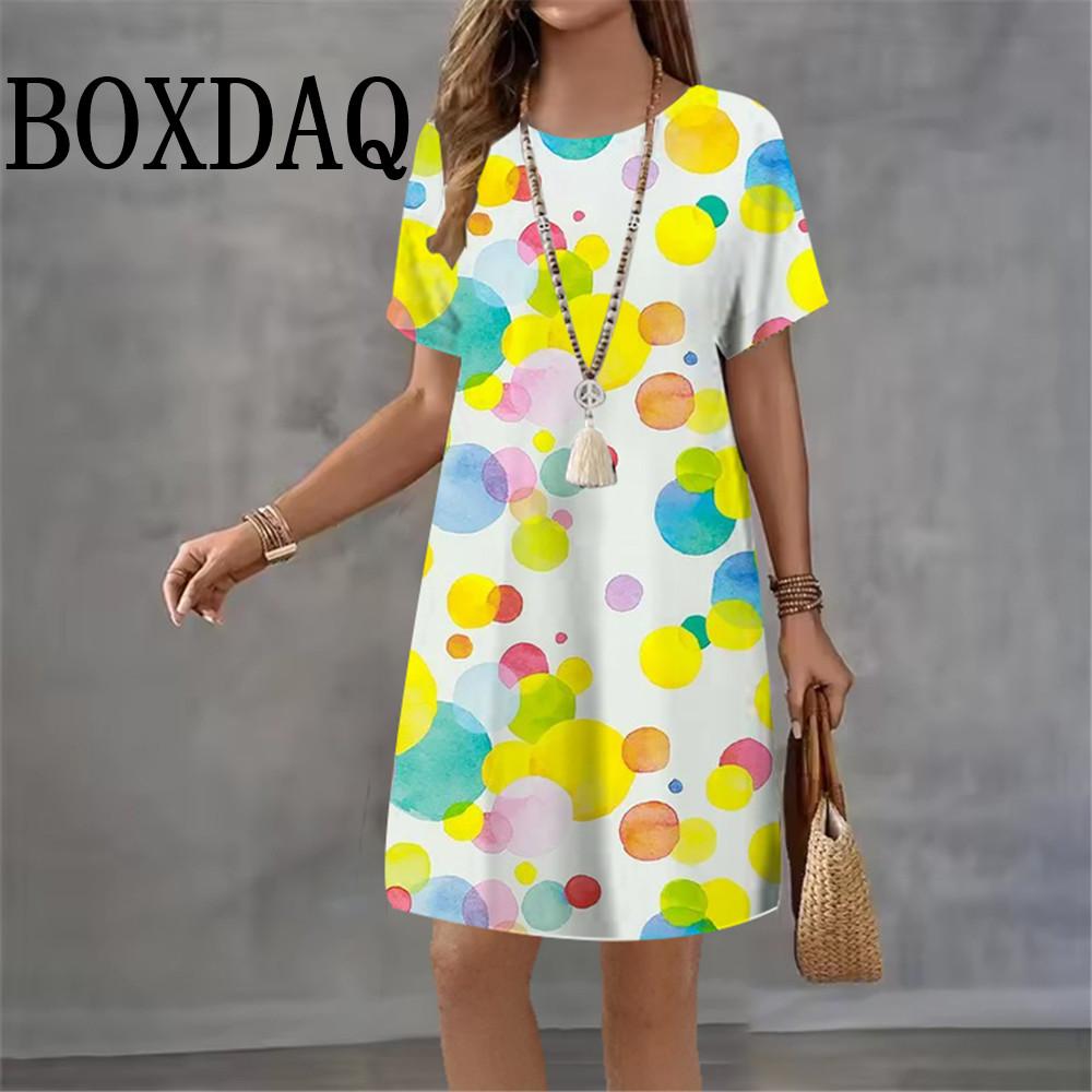 2026 Women Short Sleeve O-Neck Fashion Dresses 3D Polka Dot Print Streetwear Summer Dress Loose Casual Ladies Dress