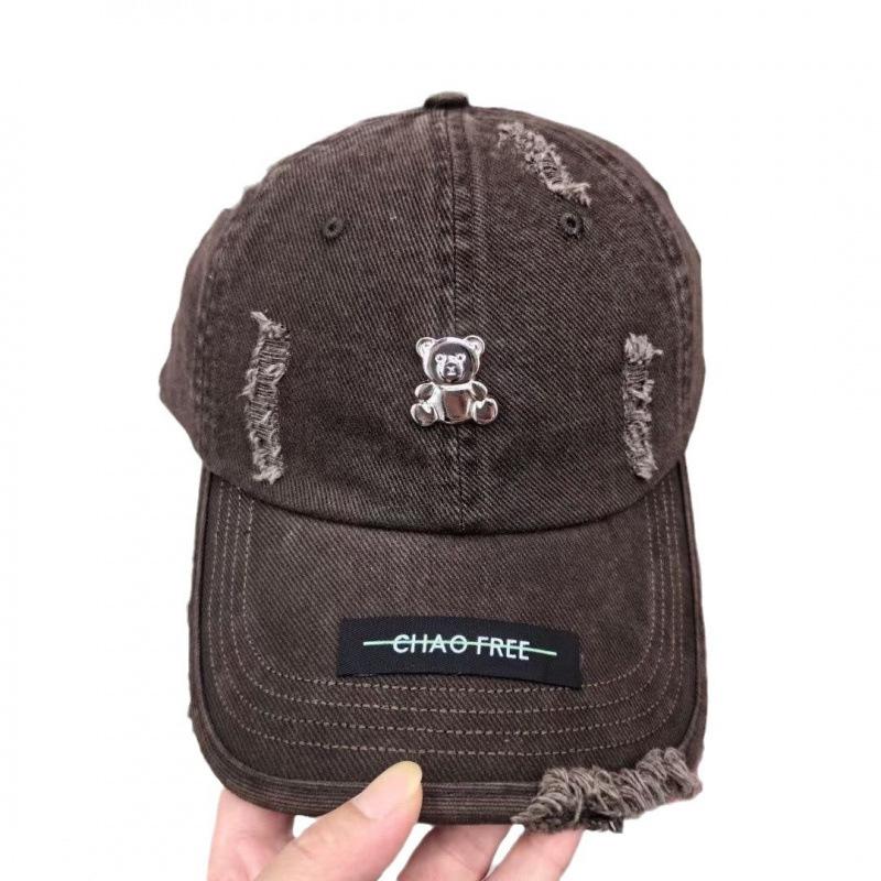 Bear Baseball Cap Ripped Washed Hat Retro Big Head Soft Top Cap Sun Protection