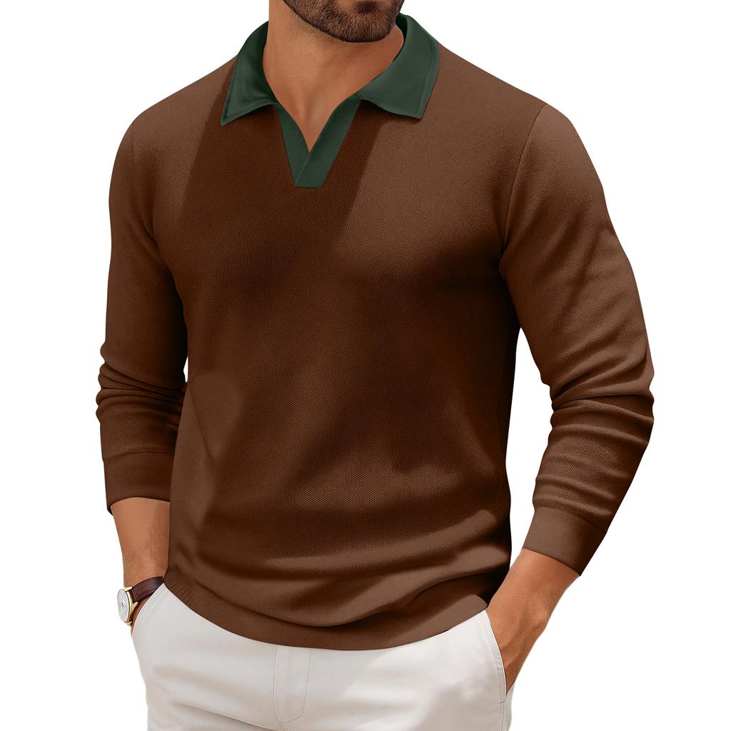 Men's Casual Color-Block Collared Long-Sleeve Knit Base Layer Top