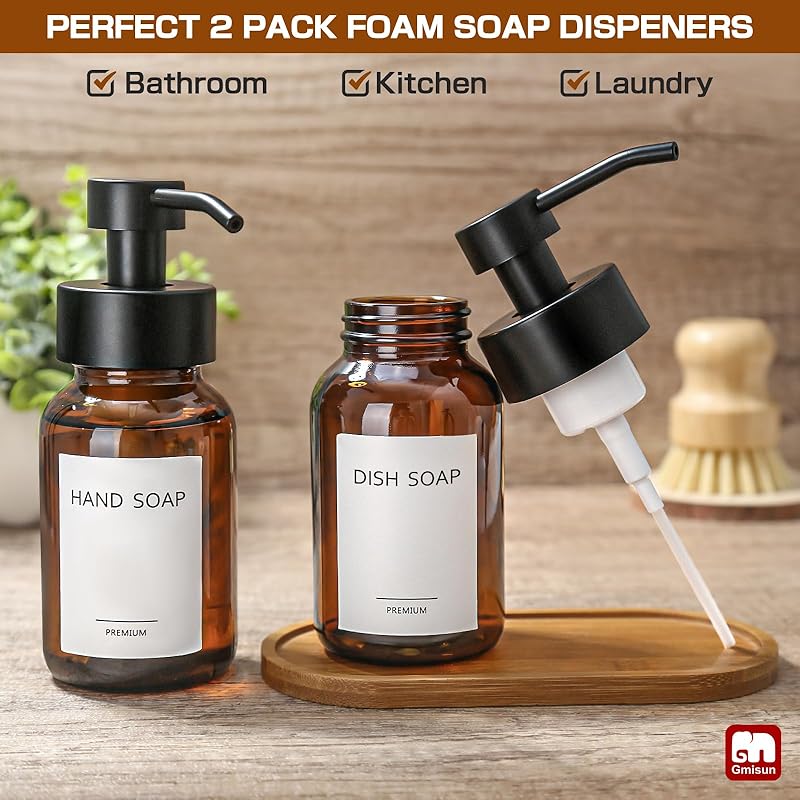 GMISUN Foaming Soap Dispenser, 8.5 Oz Amber Glass Foam Soap Dispenser for Bathroom & Kitchen, 2 Pack Modern Refillable F 2 Pack-8oz